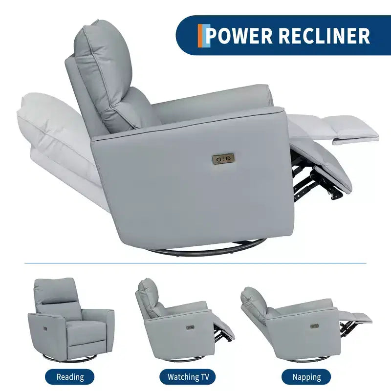 Power Recliner Chair, PU Leather Upholstered Swivel Glider with Adjustable Footrest and Curved Armrest for Living Room, Office, Bedroom