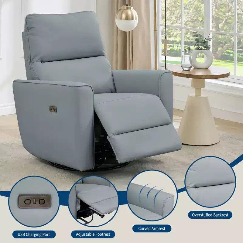Power Recliner Chair, PU Leather Upholstered Swivel Glider with Adjustable Footrest and Curved Armrest for Living Room, Office, Bedroom