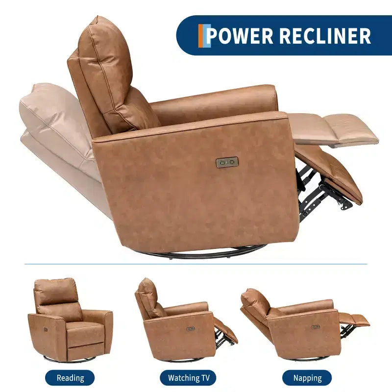 Power Recliner Chair, PU Leather Upholstered Swivel Glider with Adjustable Footrest and Curved Armrest for Living Room, Office, Bedroom
