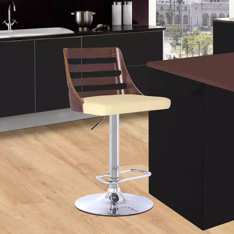 Tabouret de bar - Chrome, Noyer et Similicuir Crème