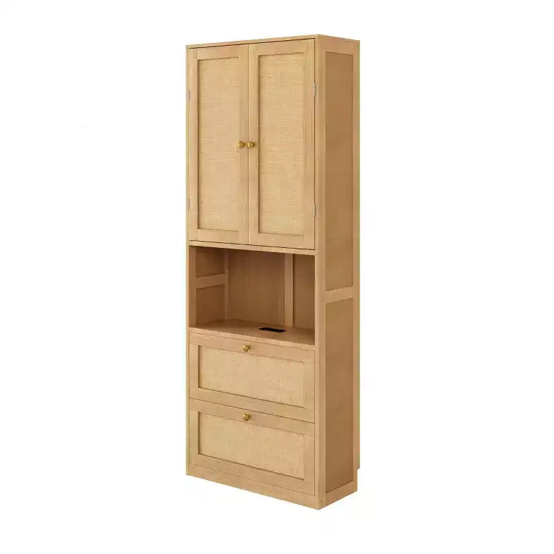 2-Door Bookshelf with USB Port and 3-Drawer Side Cabinet, Natural