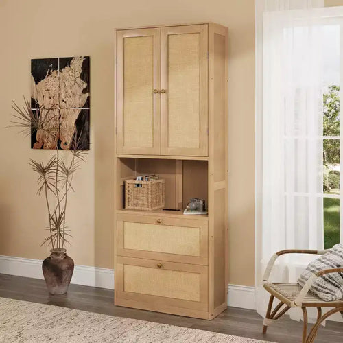 2-Door Bookshelf with USB Port and 3-Drawer Side Cabinet, Natural