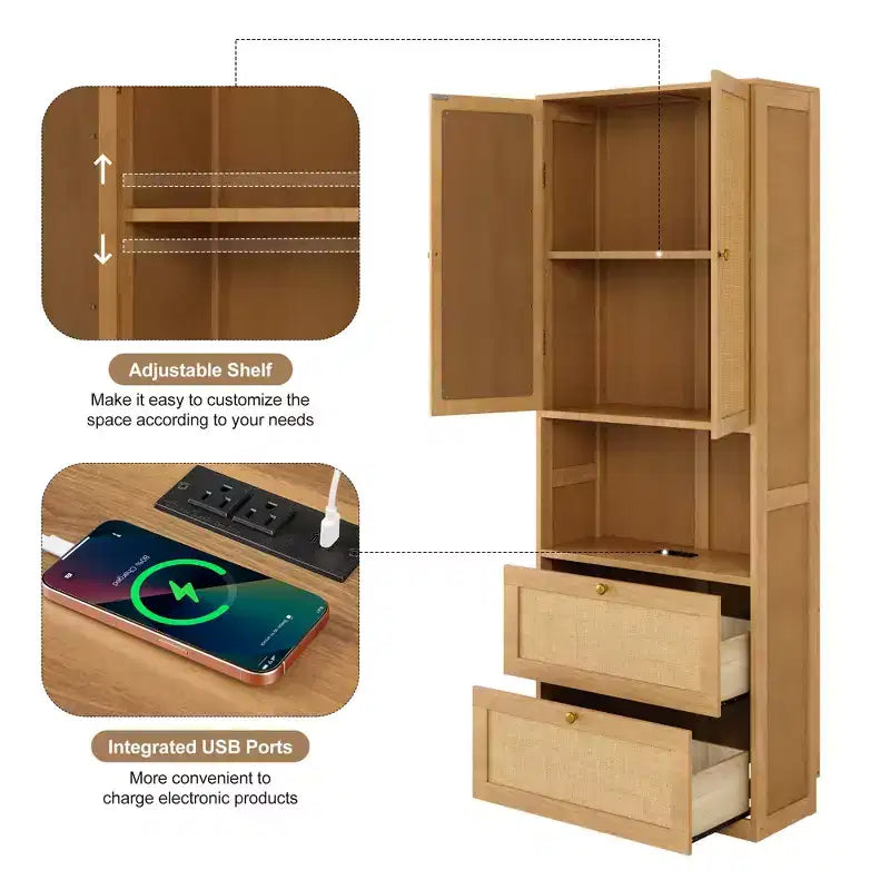 2-Door Bookshelf with USB Port and 3-Drawer Side Cabinet, Natural