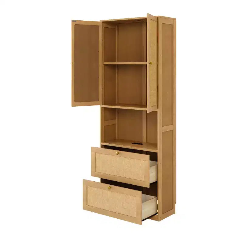 2-Door Bookshelf with USB Port and 3-Drawer Side Cabinet, Natural