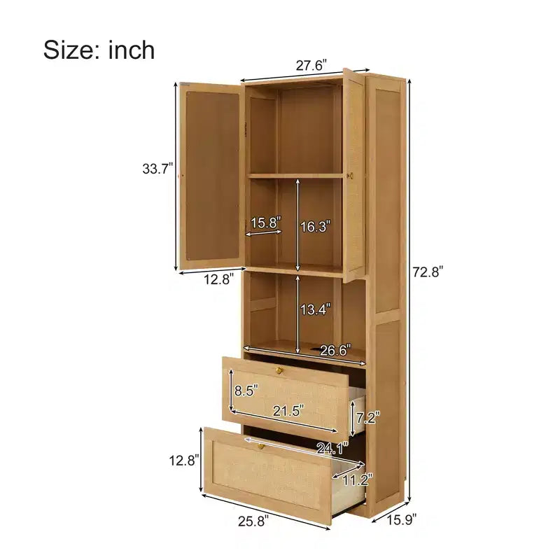 2-Door Bookshelf with USB Port and 3-Drawer Side Cabinet, Natural