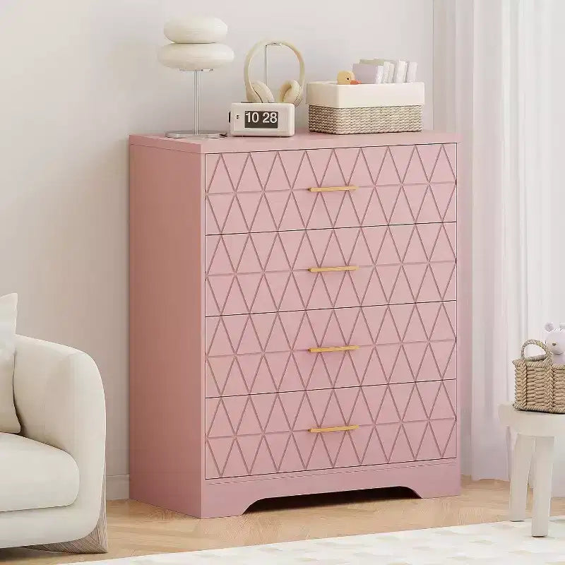 Tall Dresser for Bedroom Closet with 4 Drawers, Wood Chest of Drawers with Gold Handles