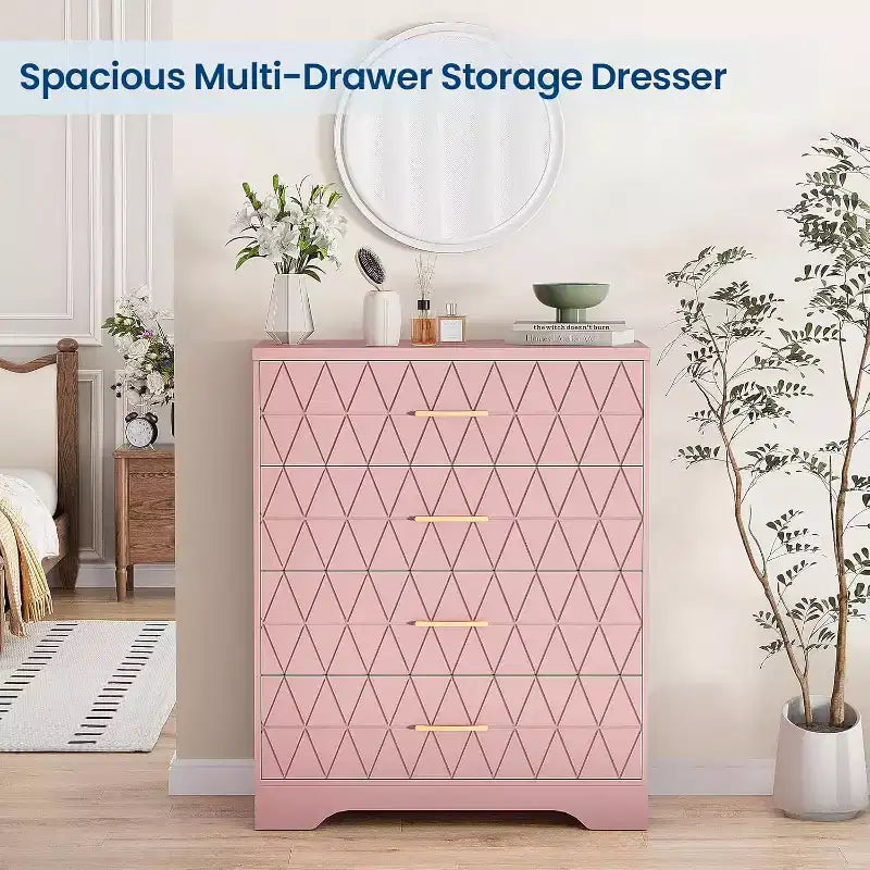 Tall Dresser for Bedroom Closet with 4 Drawers, Wood Chest of Drawers with Gold Handles