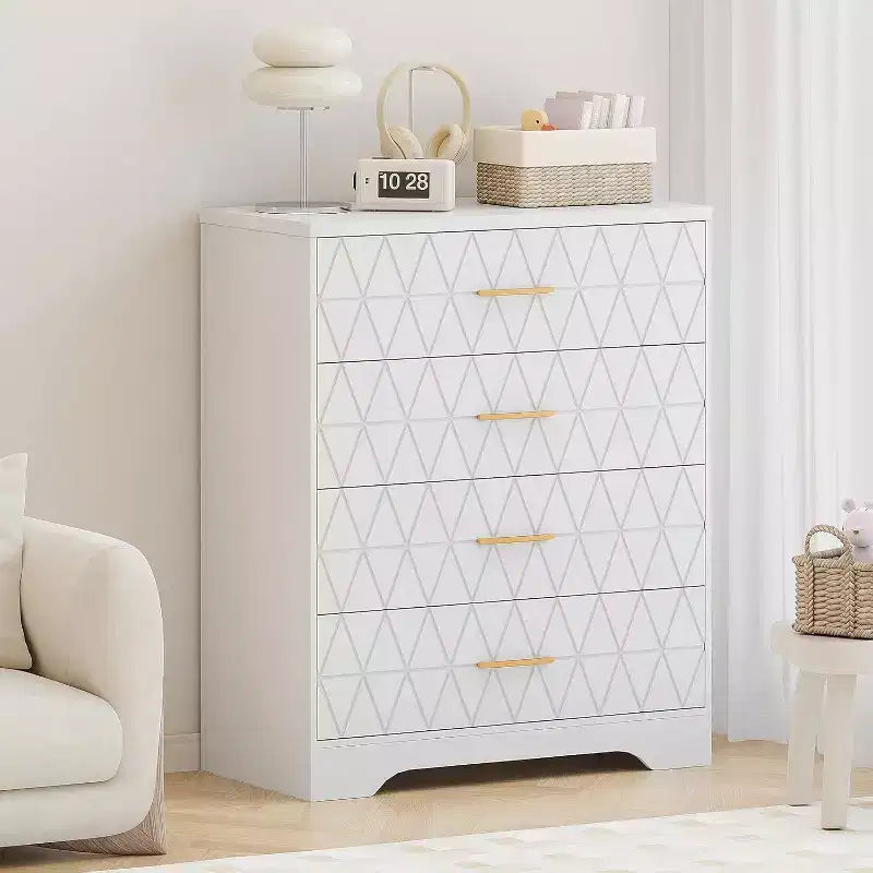 Tall Dresser for Bedroom Closet with 4 Drawers, Wood Chest of Drawers with Gold Handles