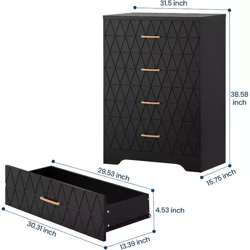 Tall Dresser for Bedroom Closet with 4 Drawers, Wood Chest of Drawers with Gold Handles