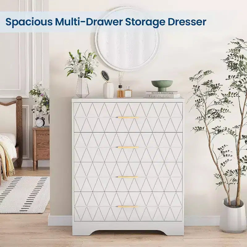 Tall Dresser for Bedroom Closet with 4 Drawers, Wood Chest of Drawers with Gold Handles