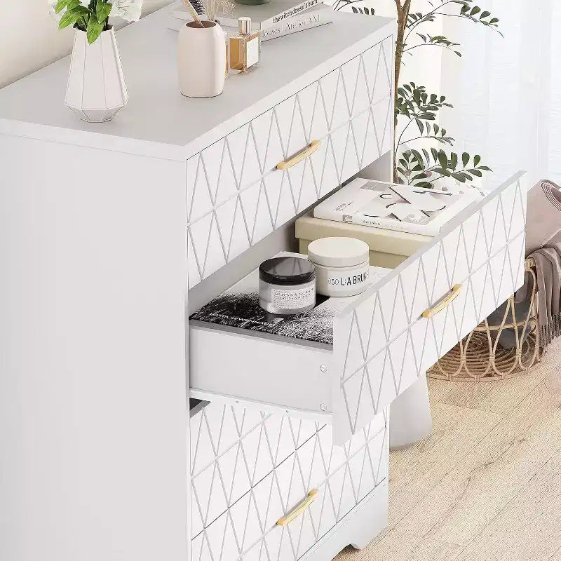 Tall Dresser for Bedroom Closet with 4 Drawers, Wood Chest of Drawers with Gold Handles