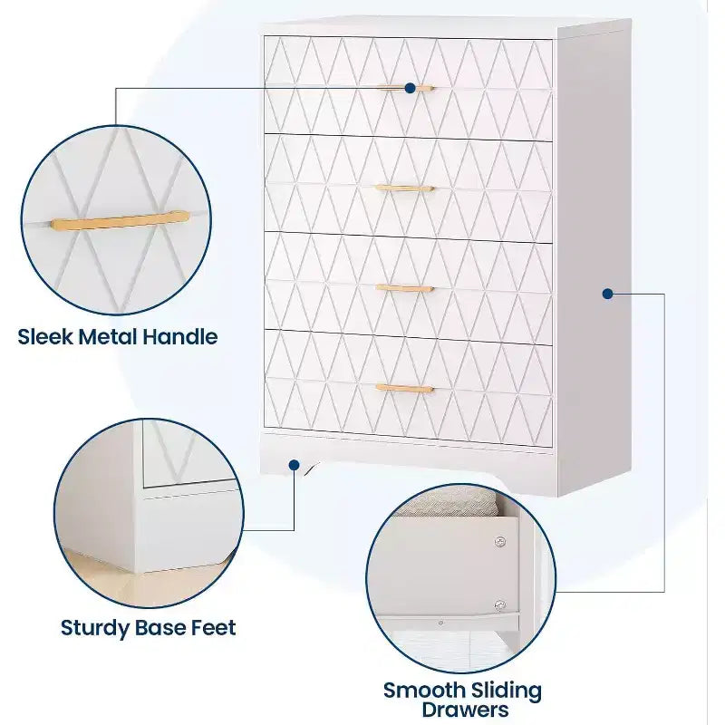 Tall Dresser for Bedroom Closet with 4 Drawers, Wood Chest of Drawers with Gold Handles