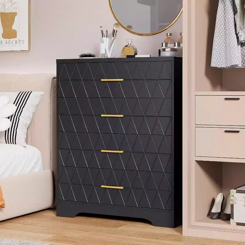 Tall Dresser for Bedroom Closet with 4 Drawers, Wood Chest of Drawers with Gold Handles