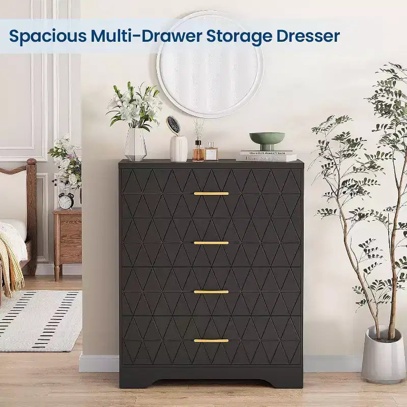 Tall Dresser for Bedroom Closet with 4 Drawers, Wood Chest of Drawers with Gold Handles