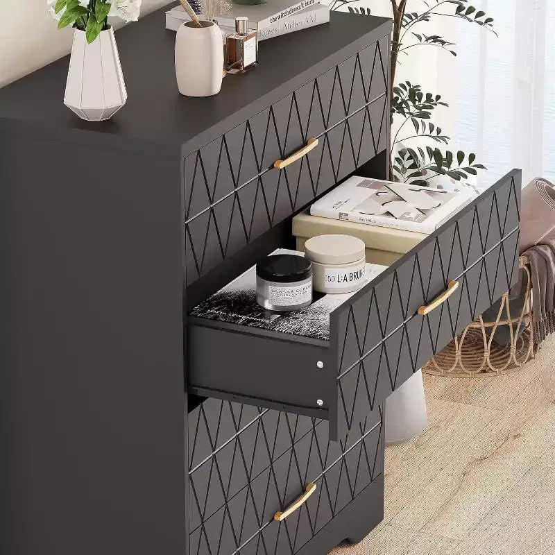 Tall Dresser for Bedroom Closet with 4 Drawers, Wood Chest of Drawers with Gold Handles
