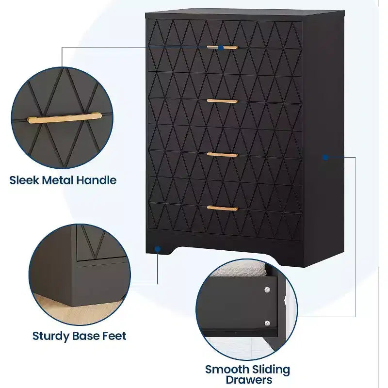 Tall Dresser for Bedroom Closet with 4 Drawers, Wood Chest of Drawers with Gold Handles
