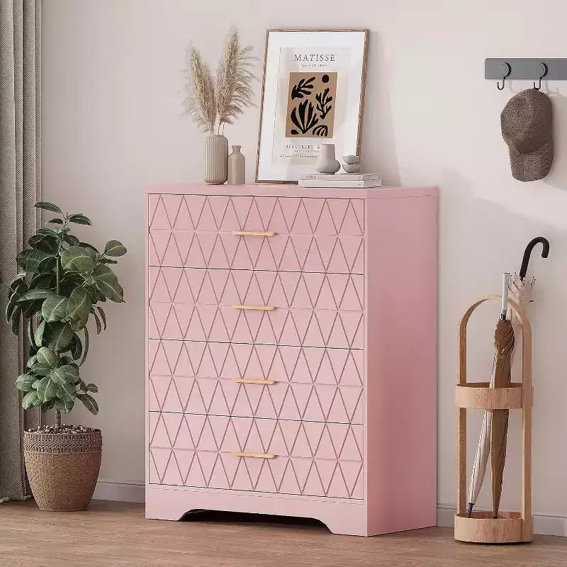 Tall Dresser for Bedroom Closet with 4 Drawers, Wood Chest of Drawers with Gold Handles