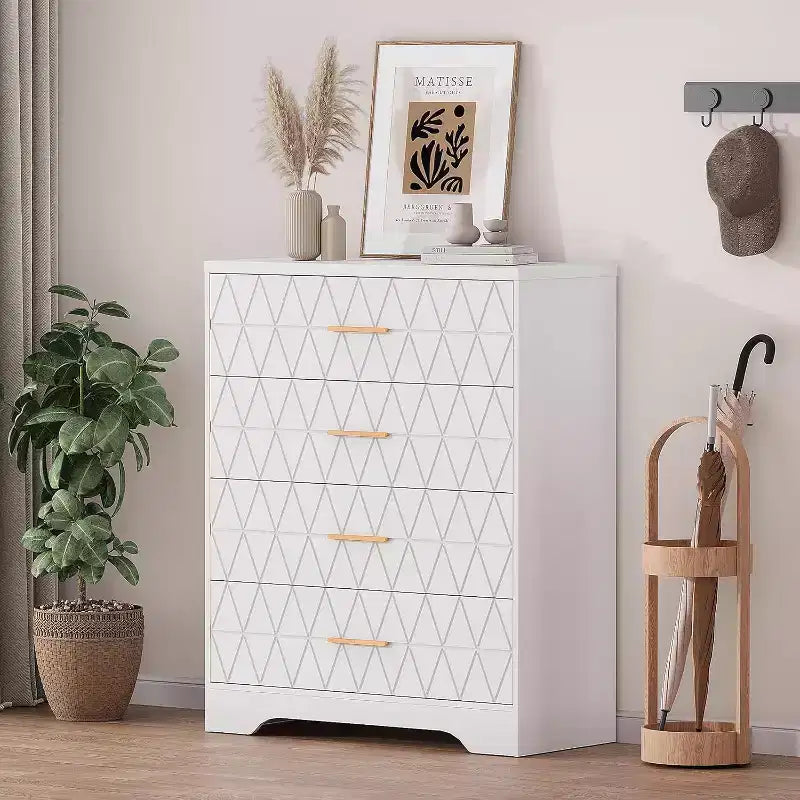 Tall Dresser for Bedroom Closet with 4 Drawers, Wood Chest of Drawers with Gold Handles