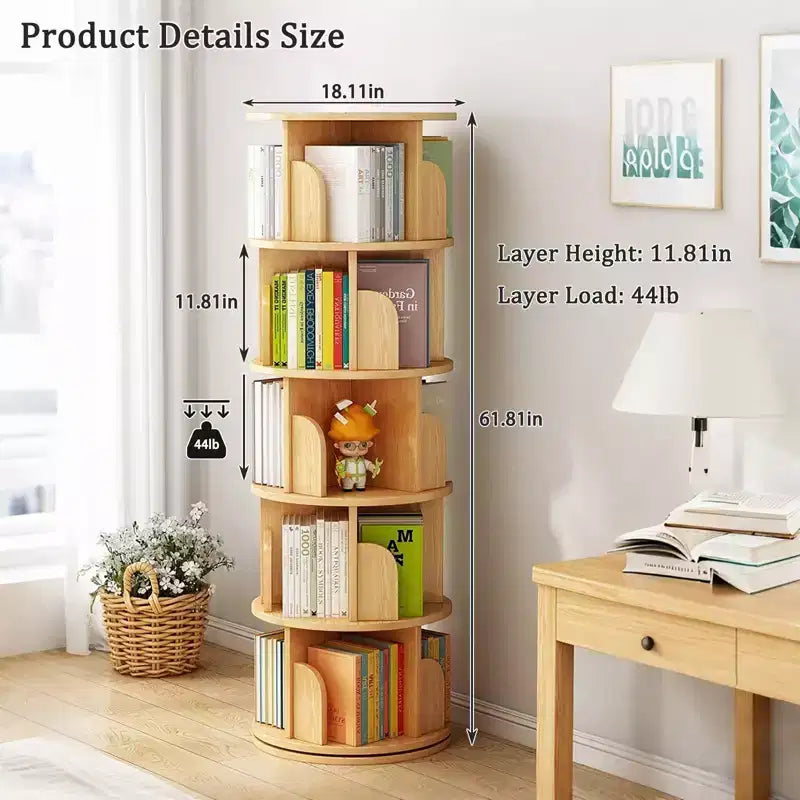 5-Tier 360° Rotating Bookshelf Tower, Natural Wood