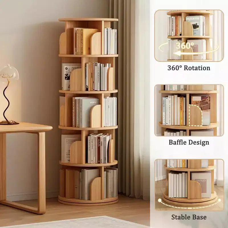 5-Tier 360° Rotating Bookshelf Tower, Natural Wood