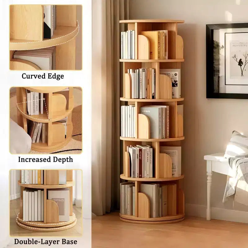 5-Tier 360° Rotating Bookshelf Tower, Natural Wood