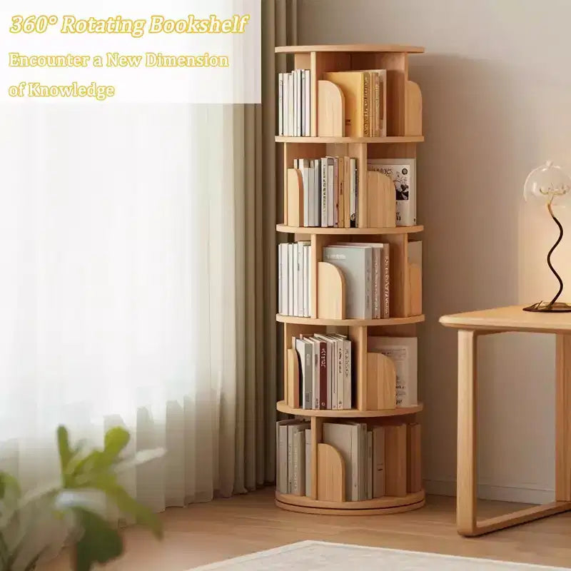 5-Tier 360° Rotating Bookshelf Tower, Natural Wood