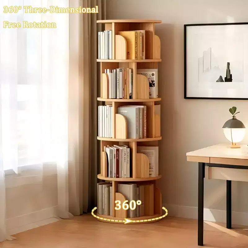 5-Tier 360° Rotating Bookshelf Tower, Natural Wood