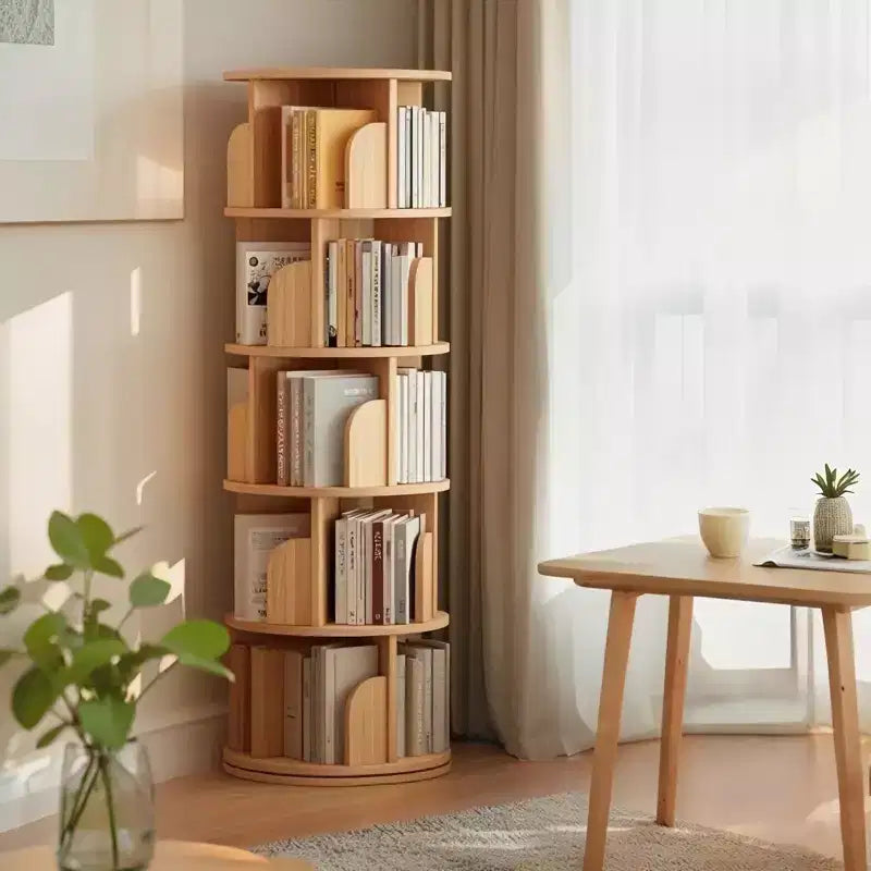 5-Tier 360° Rotating Bookshelf Tower, Natural Wood
