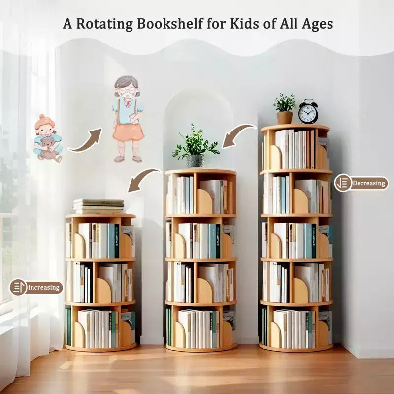 5-Tier 360° Rotating Bookshelf Tower, Natural Wood