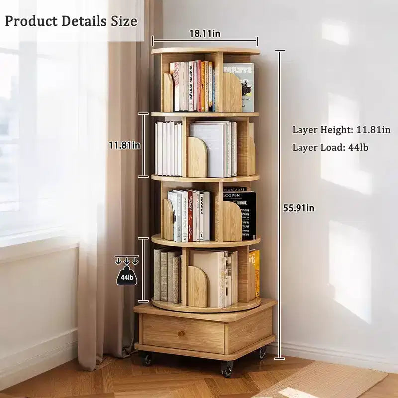 5-Tier 360° Rotating Bookshelf Tower, Natural Wood