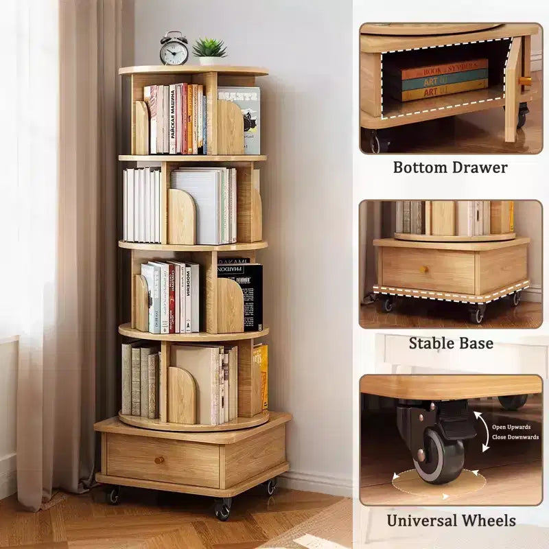 5-Tier 360° Rotating Bookshelf Tower, Natural Wood