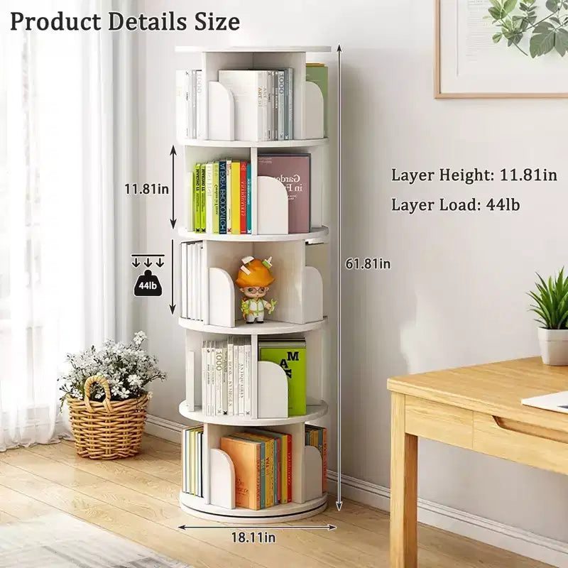 5-Tier 360° Rotating Bookshelf Tower, Natural Wood