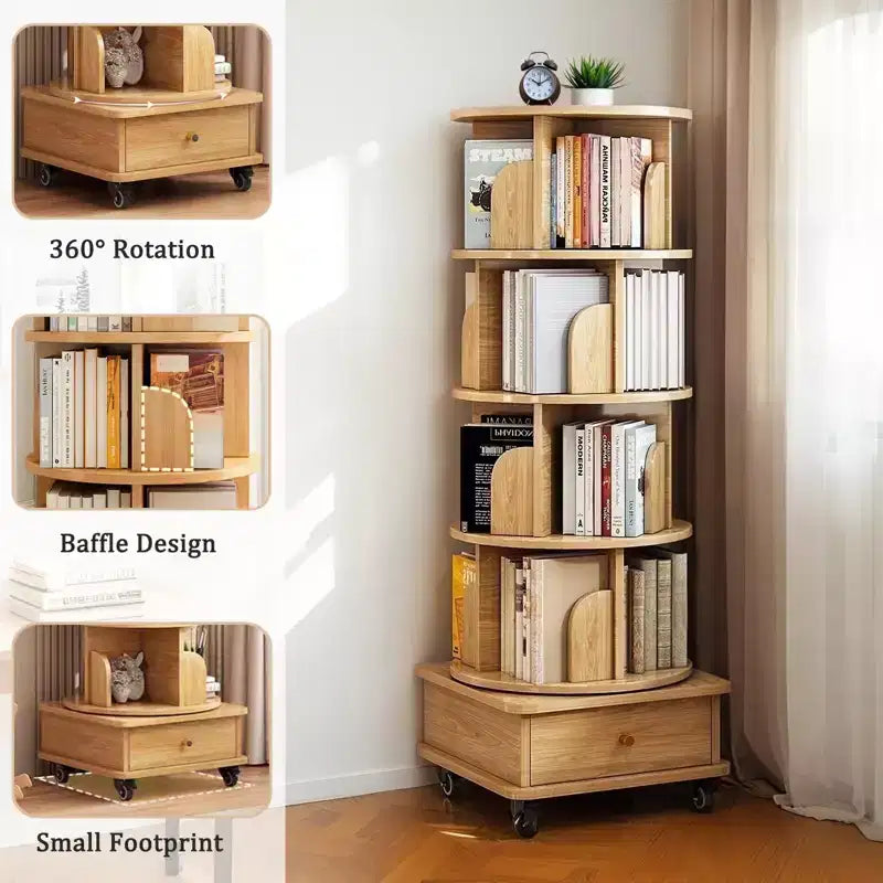 5-Tier 360° Rotating Bookshelf Tower, Natural Wood