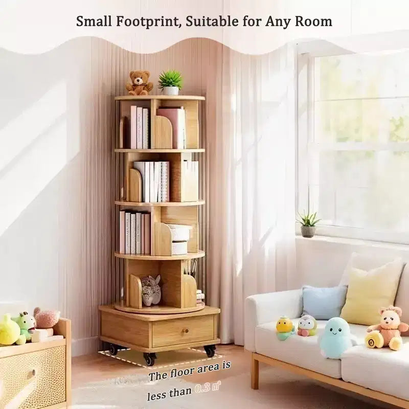 5-Tier 360° Rotating Bookshelf Tower, Natural Wood