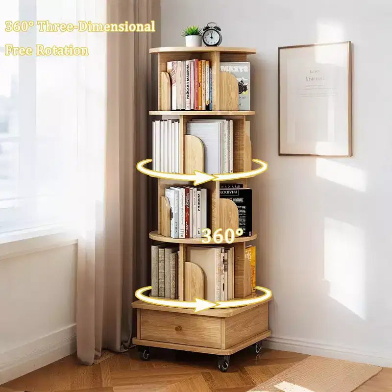 5-Tier 360° Rotating Bookshelf Tower, Natural Wood