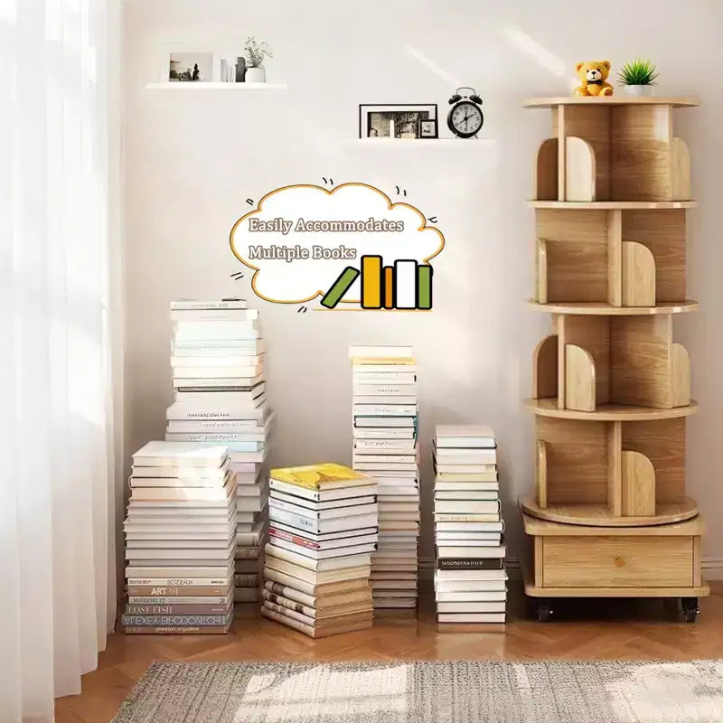 5-Tier 360° Rotating Bookshelf Tower, Natural Wood