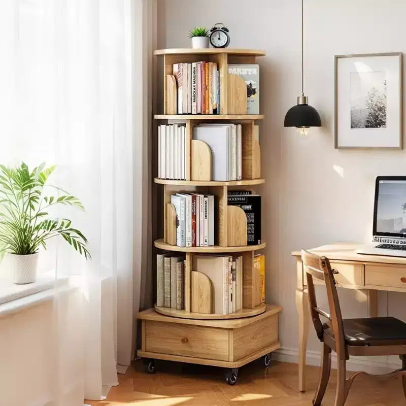 5-Tier 360° Rotating Bookshelf Tower, Natural Wood