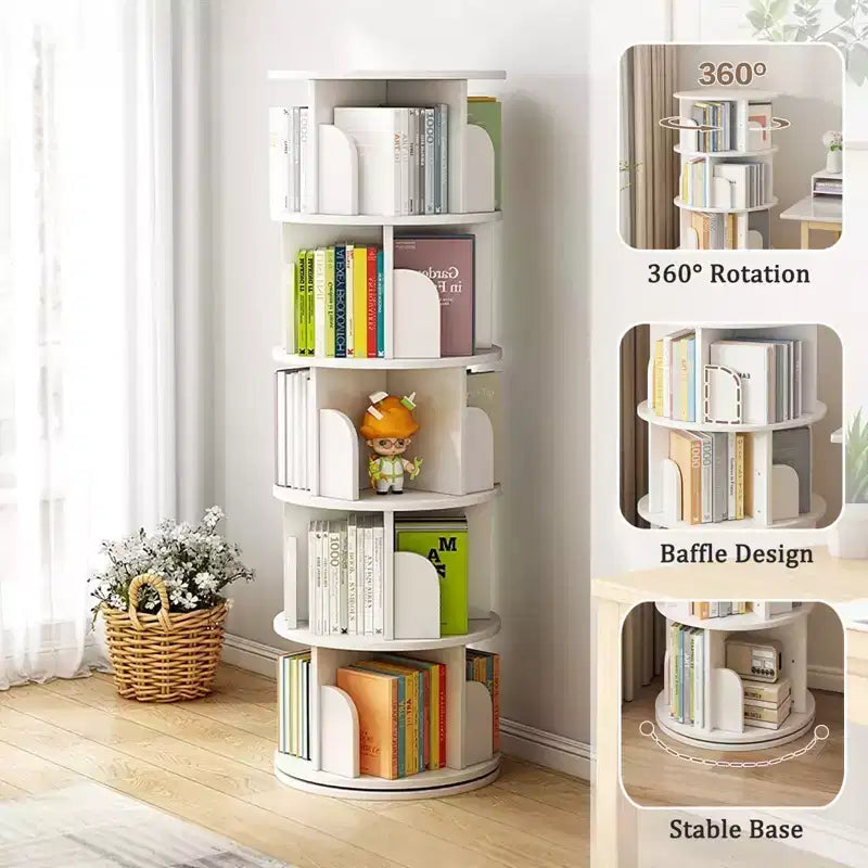5-Tier 360° Rotating Bookshelf Tower, Natural Wood