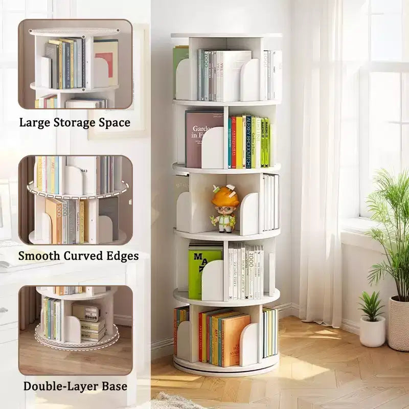 5-Tier 360° Rotating Bookshelf Tower, Natural Wood