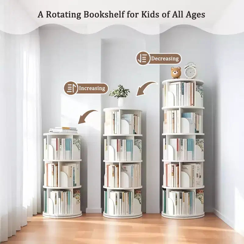5-Tier 360° Rotating Bookshelf Tower, Natural Wood