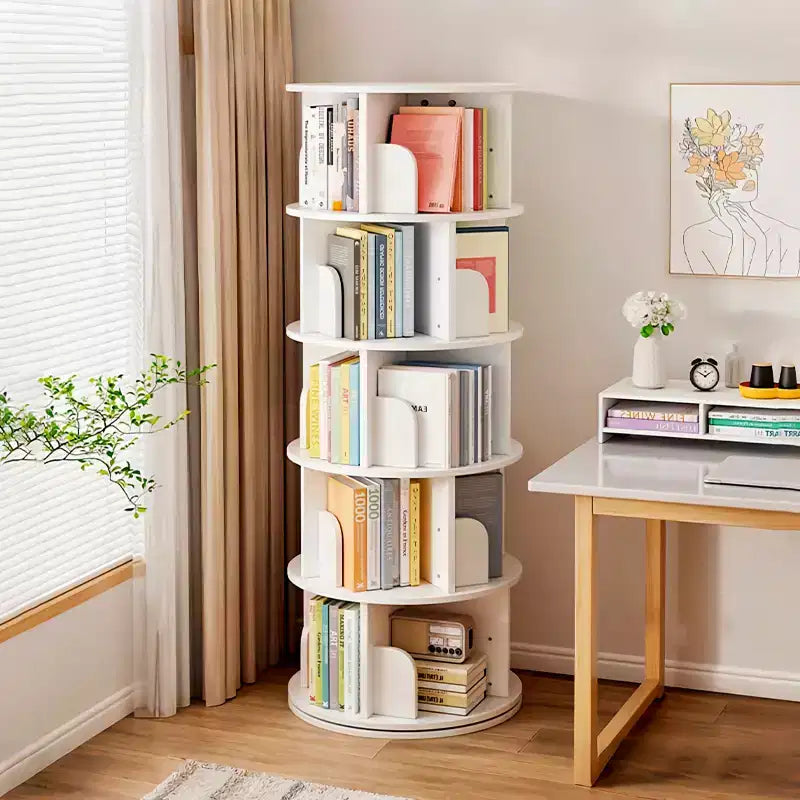 5-Tier 360° Rotating Bookshelf Tower, Natural Wood