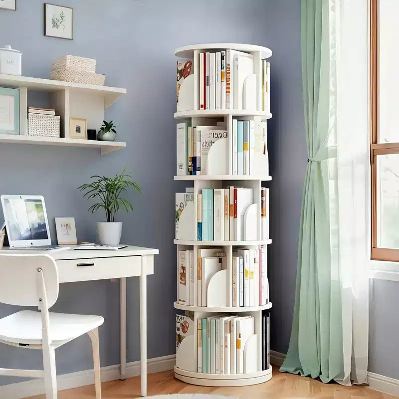 5-Tier 360° Rotating Bookshelf Tower, Natural Wood