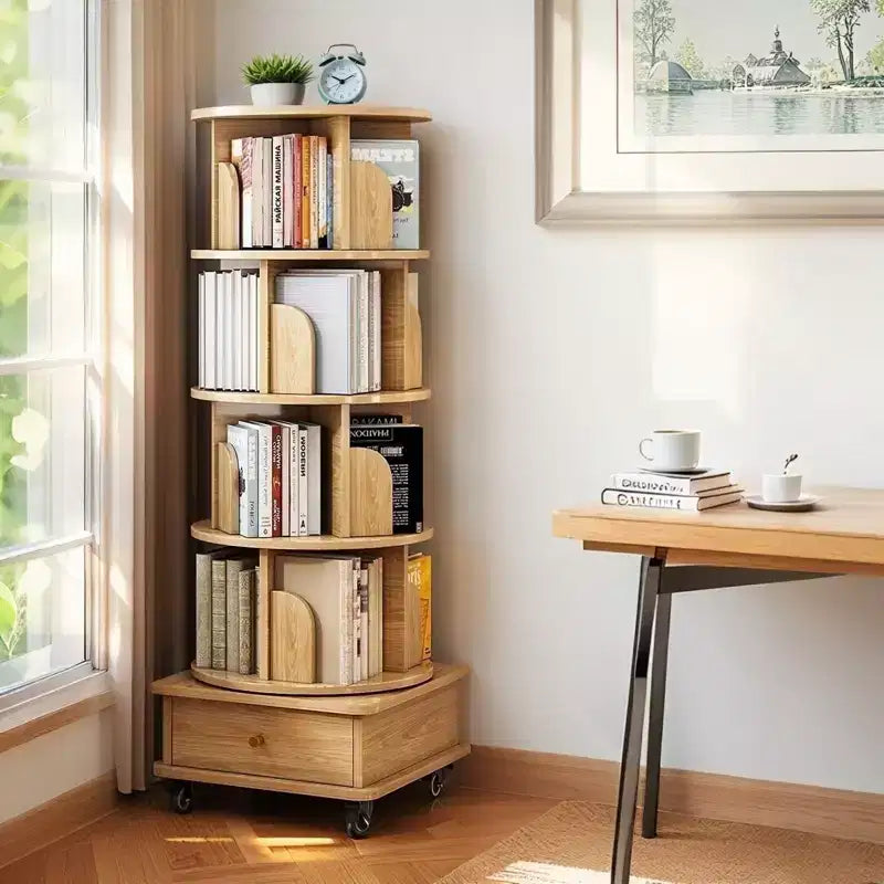 5-Tier 360° Rotating Bookshelf Tower, Natural Wood