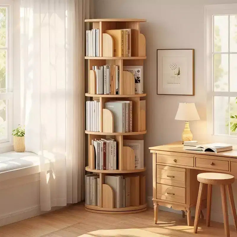 5-Tier 360° Rotating Bookshelf Tower, Natural Wood