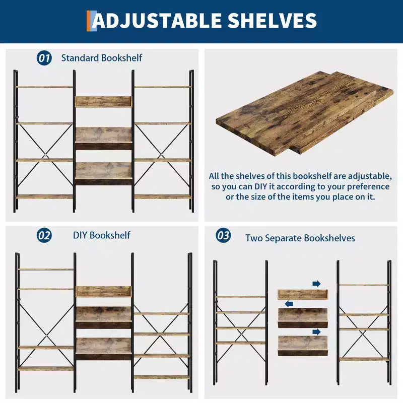 4-Tier Industrial Bookshelf, Triple Column Open Display, 72.8"W