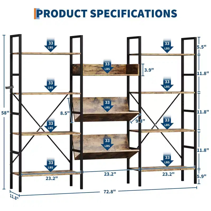 4-Tier Industrial Bookshelf, Triple Column Open Display, 72.8"W
