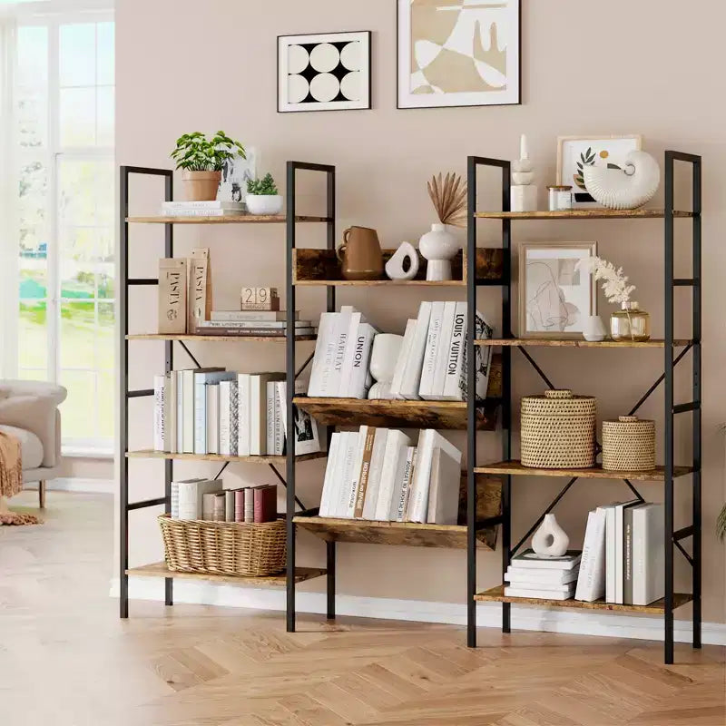 4-Tier Industrial Bookshelf, Triple Column Open Display, 72.8"W