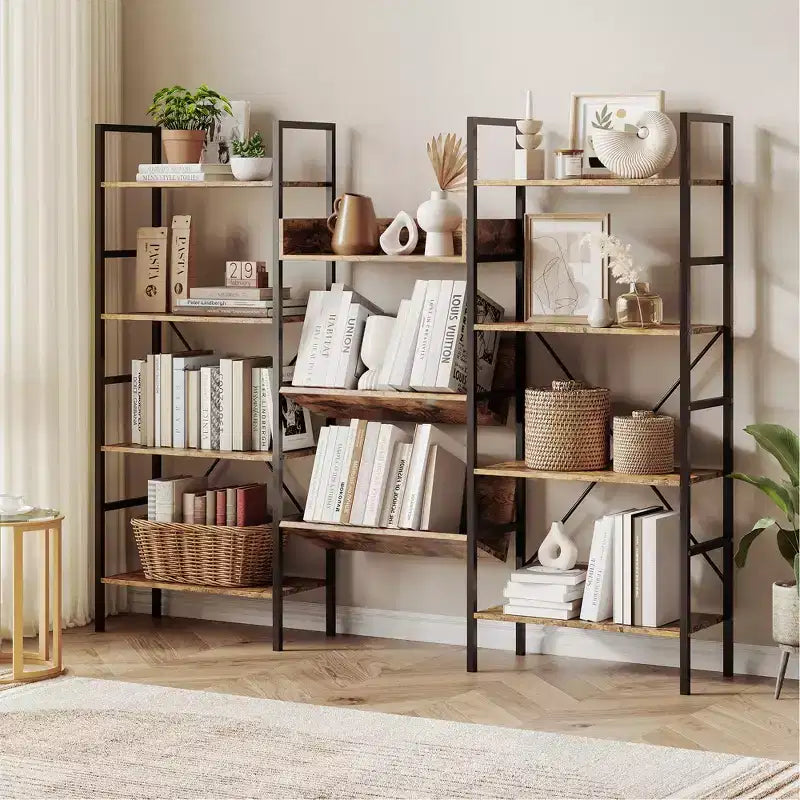 4-Tier Industrial Bookshelf, Triple Column Open Display, 72.8"W