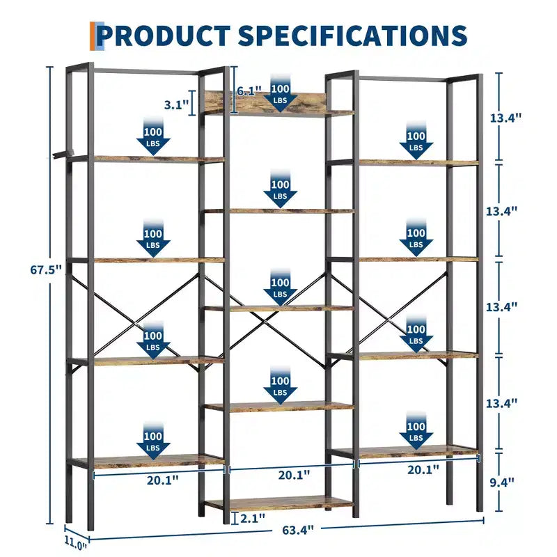 5-Tier Industrial Bookcase with 14 Open Shelves, 63.4"W