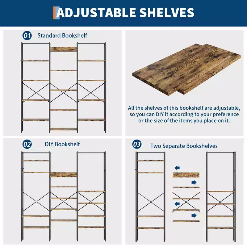 5-Tier Industrial Bookcase with 14 Open Shelves, 63.4"W